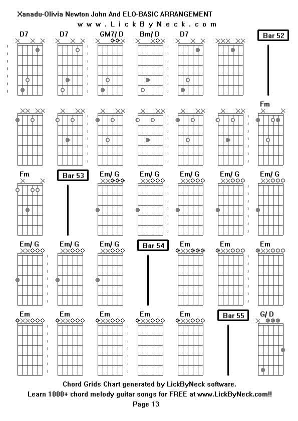 Chord Grids Chart of chord melody fingerstyle guitar song-Xanadu-Olivia Newton John And ELO-BASIC ARRANGEMENT,generated by LickByNeck software.